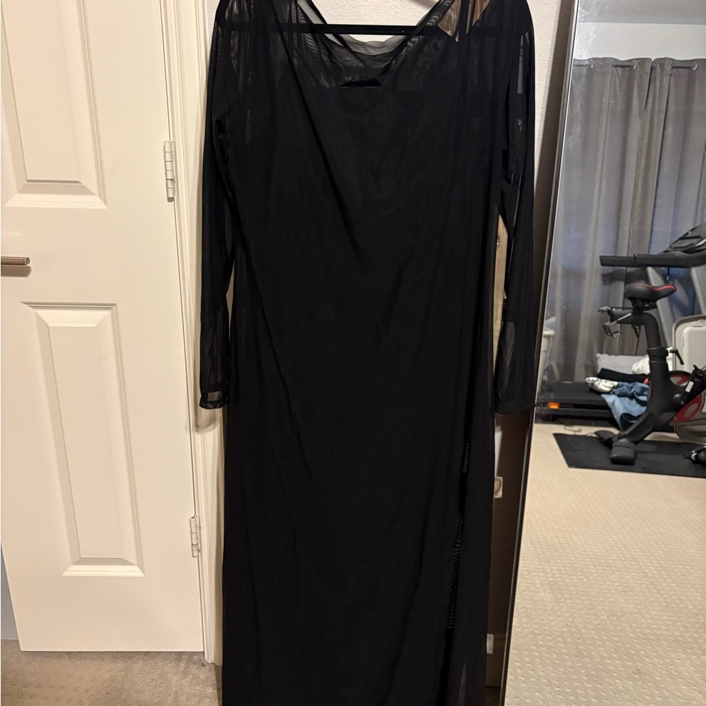 Women’s Black Long Sleeve Mesh Overlay Maxi Dress